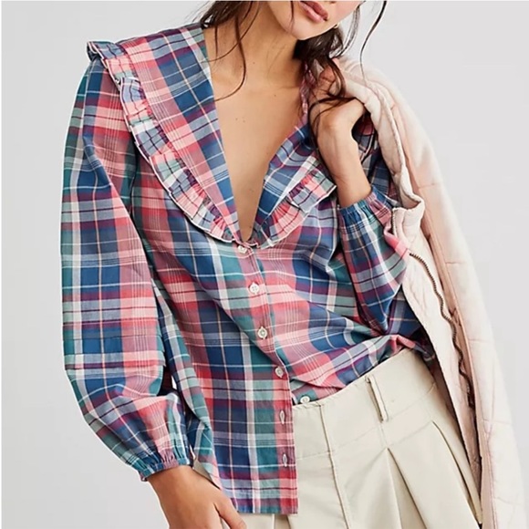 Free People Tops - Free People Molly Ruffle Top Plaid Size Small